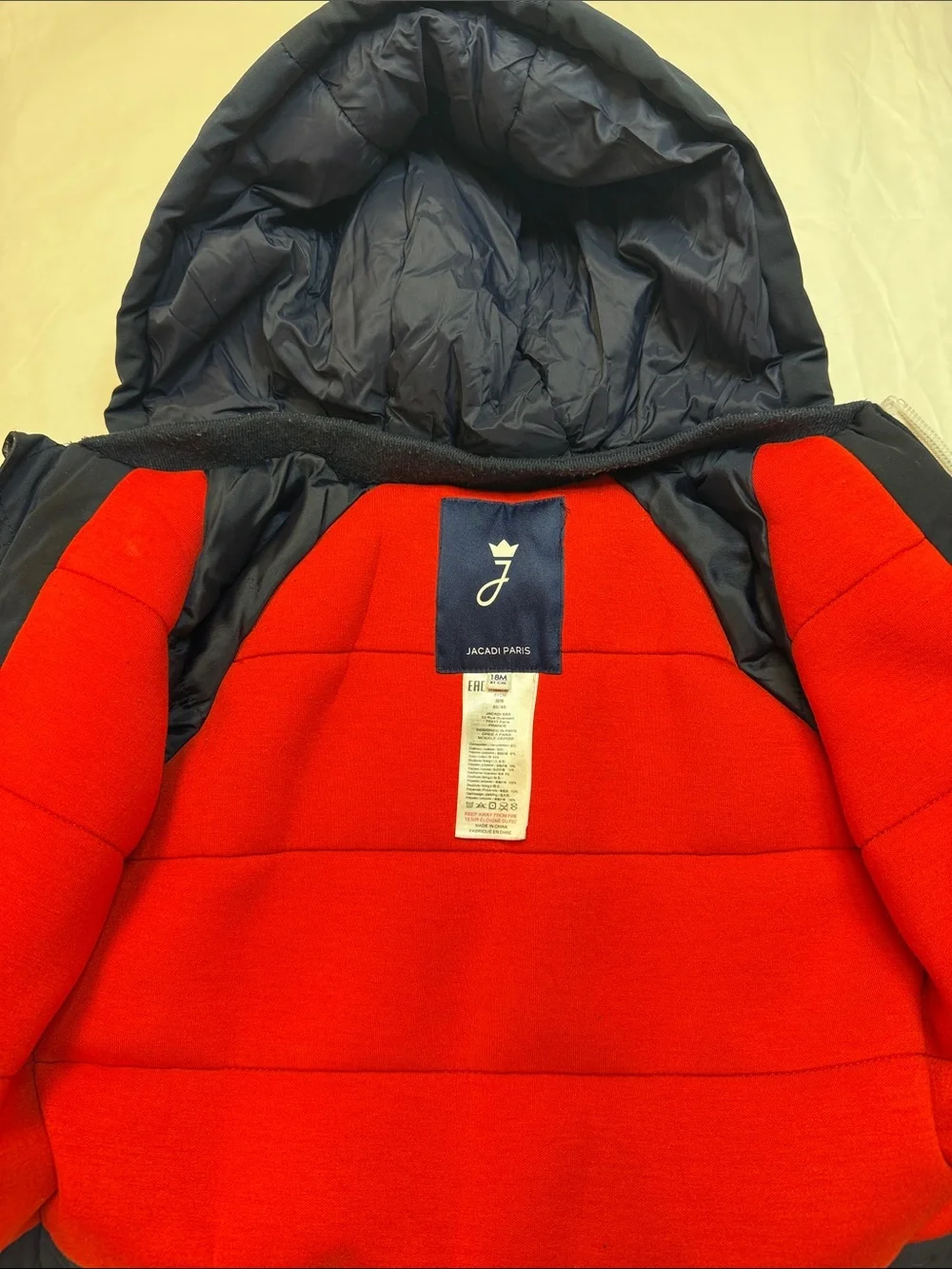 Jacadi Navy Hooded Puffer with Red Interior